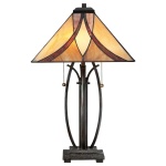 Tafellamp Tiffany met bronzen voet en glas-in-lood kap