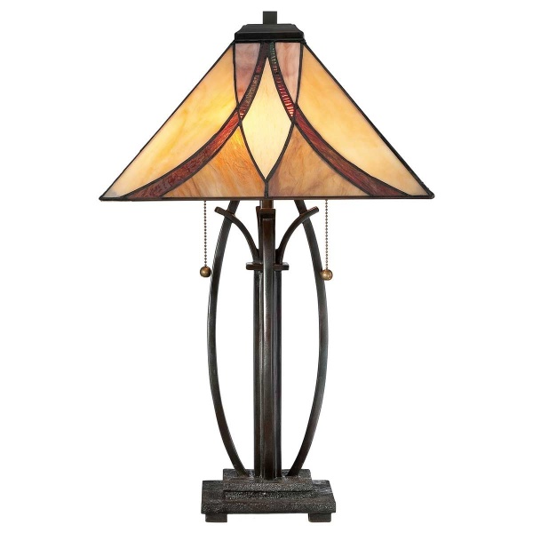 Tafellamp Tiffany met bronzen voet en glas-in-lood kap