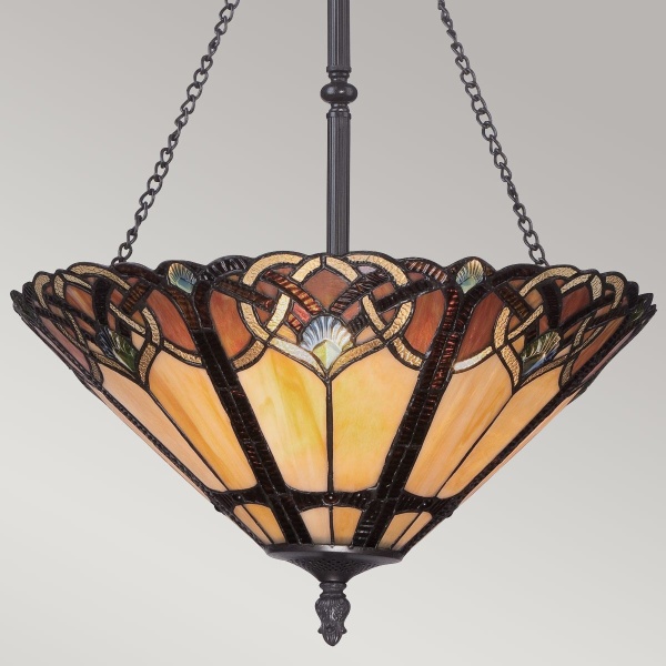 Hanglamp Tiffany 3-lichts brons met glas in warme ambertinten