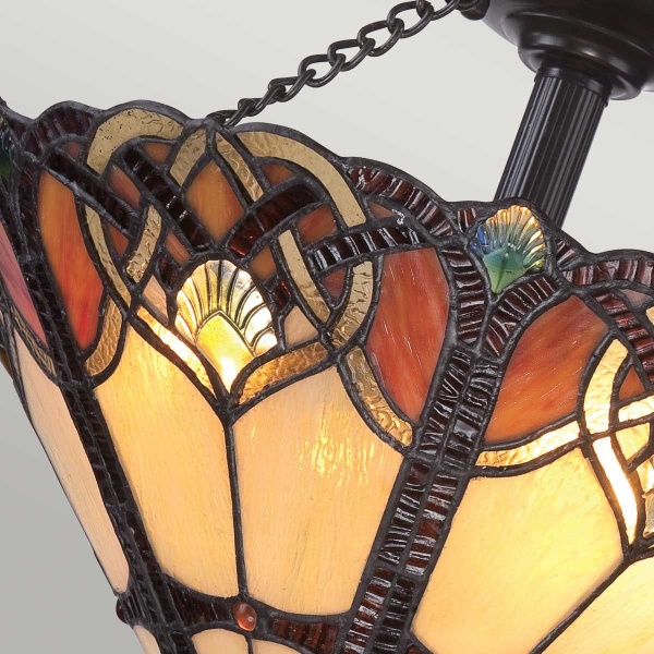 Plafondlamp Tiffany glas in warme amber- en bruintinten met bronzen fitting