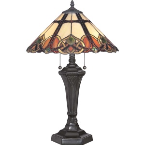 Tafellamp Tiffany met bronzen voet en glas-in-lood kap in warme tinten