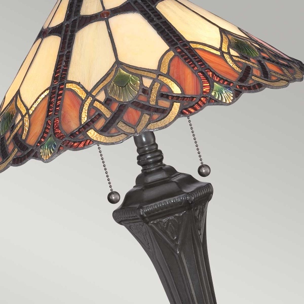 Tafellamp Tiffany tweelichts brons met glas-in-lood kap in warme tinten