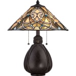 Tafellamp met glas-in-lood kap en donker bronzen voet