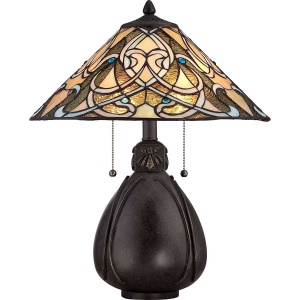 Tafellamp met glas-in-lood kap en donker bronzen voet