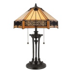 Tafellamp Tiffany brons met glas-in-lood kap en dubbele trekkoordschakelaars
