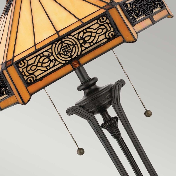 Tafellamp Tiffany brons met glas-in-lood kap in amberkleur