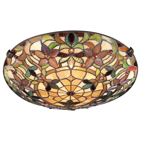 Plafondlamp Tiffany 2-lichts brons met glas-in-lood motief in warme tinten