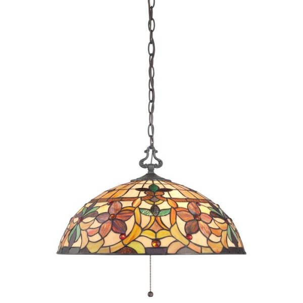 Hanglamp Tiffany glas in bronskleur met bloemmotief en kettingophanging