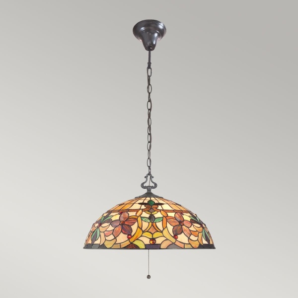 Hanglamp Tiffany 3-lichts met bronzen fitting en glas in warme tinten