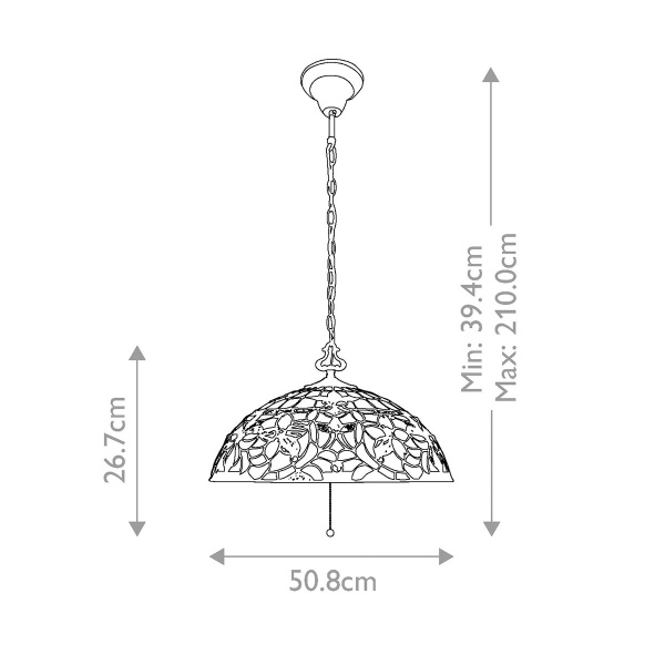 Hanglamp Tiffany 3-lichts brons Quoizel maattekening met afmetingen