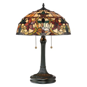 Tafellamp Tiffany met bronzen voet en glas-in-lood kap in warme tinten