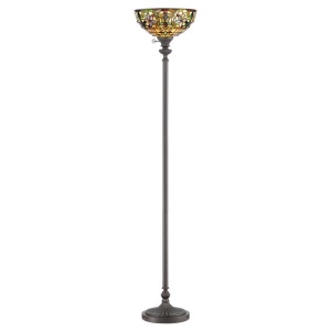 Vloerlamp Tiffany brons met glas-in-lood kap in warme tinten