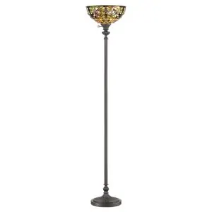 Vloerlamp Tiffany brons met glas-in-lood kap in warme tinten