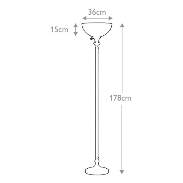 Maattekening vloerlamp Tiffany brons Quoizel met hoogte en diameterafmetingen