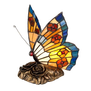 Vlinder tafellamp glas-in-lood oranje blauw met bronzen voet