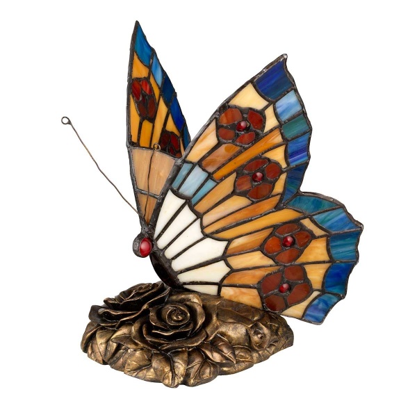 Vlinder tafellamp glas-in-lood met bronzen voet en gekleurde vleugels
