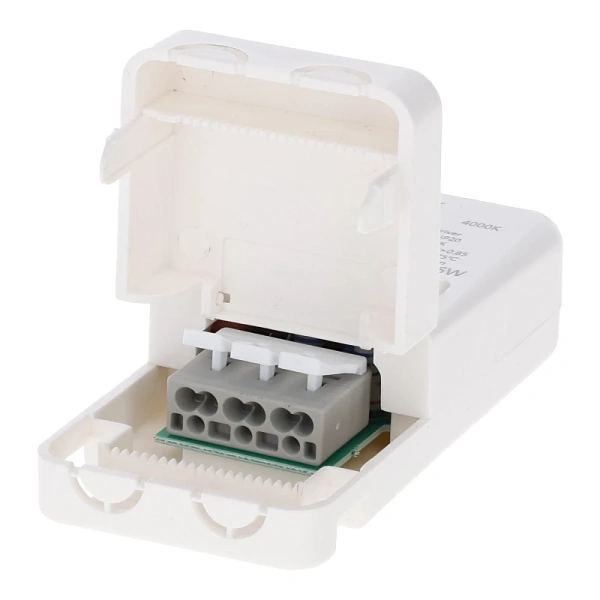 Witte LED inbouwspot driver met open aansluitdoos en grijze connector